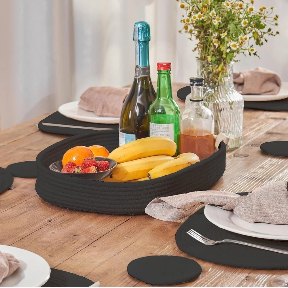 Contemporary/Boho Farmhouse Black Rope Place Mat & Coaster 13 Piece Table Set